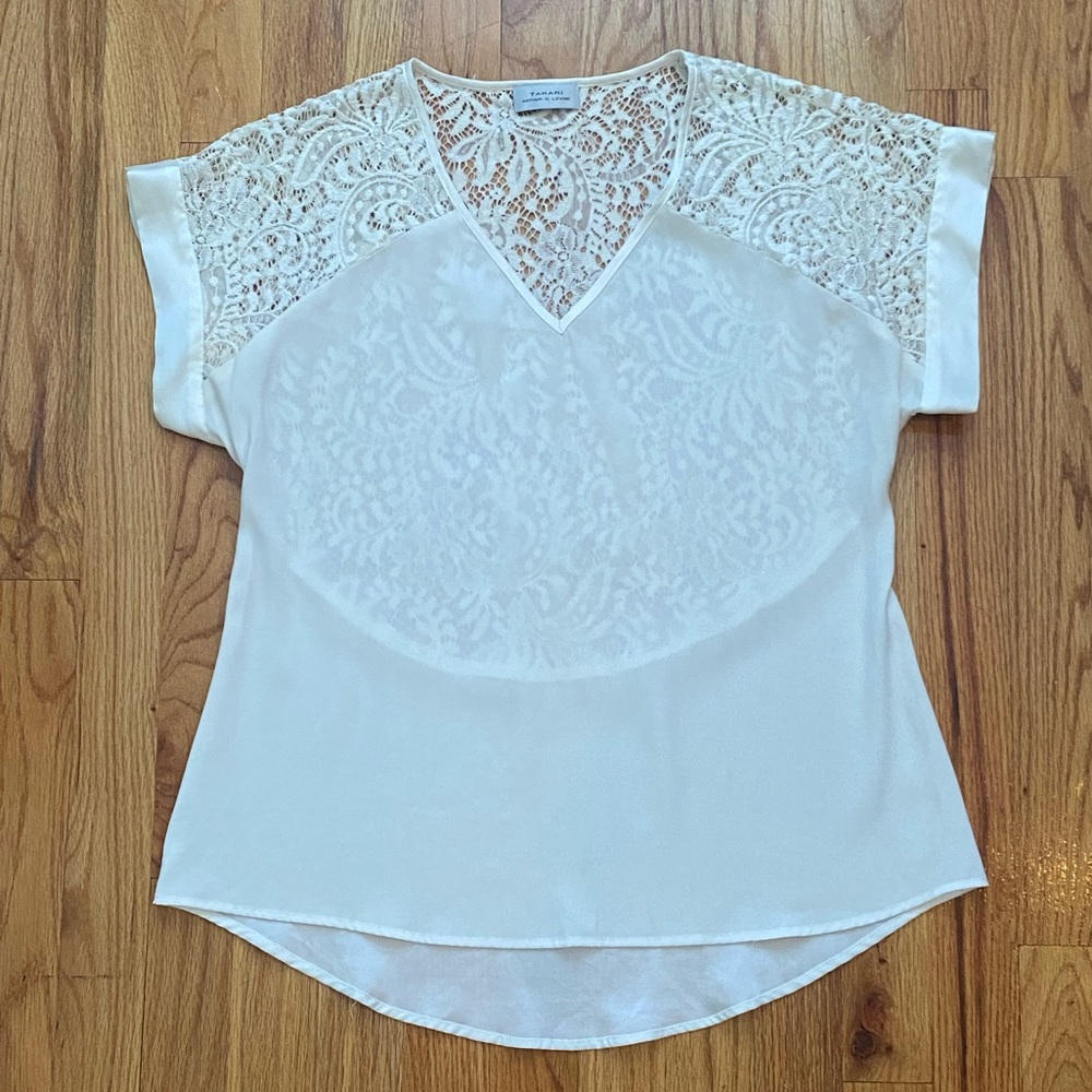 Tahari ASL White Silky Top with Lace Back